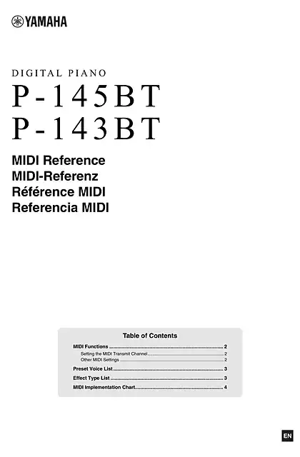 yamaha雅马哈P-145BT_P-143BT MIDI Reference